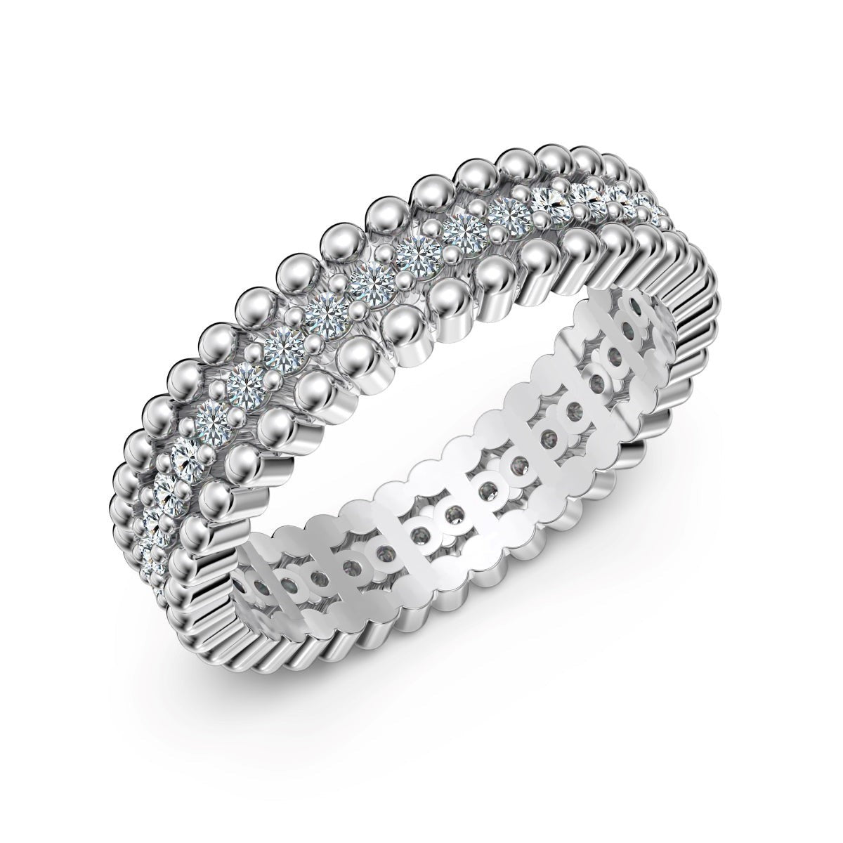 Trendzio Jewelry Zora moissanite diamond ring in sterling silver with a beaded band and intricate side detailing.