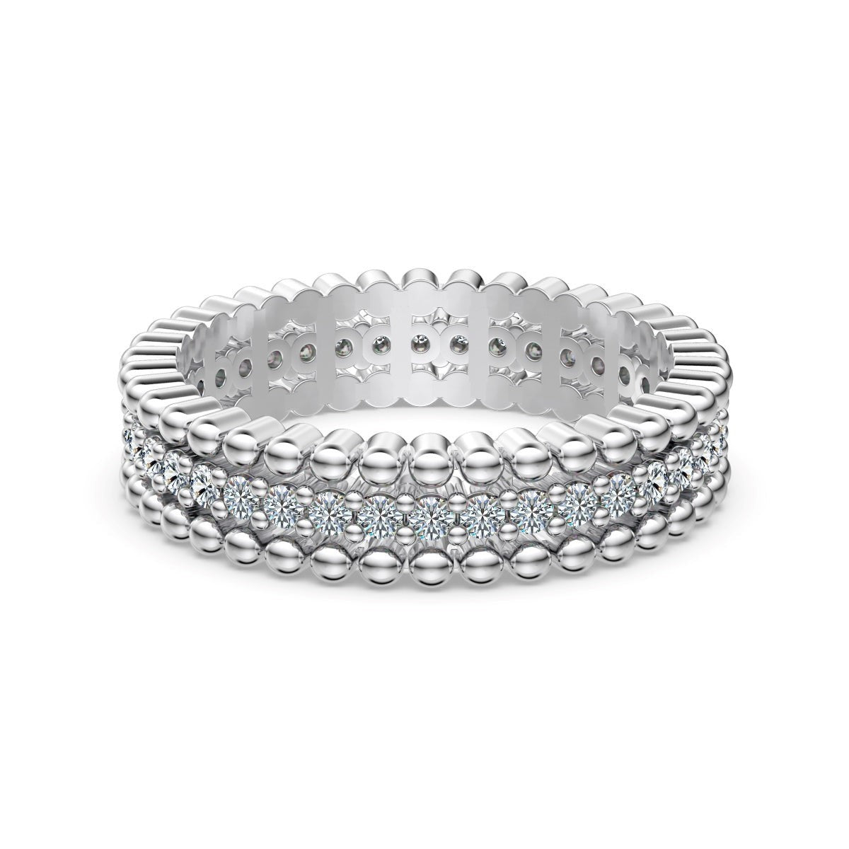 Trendzio Jewelry Zora sterling silver moissanite eternity ring with beaded edges and sparkling diamond-like stones.