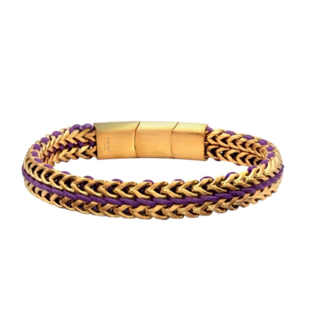 Gold IP Stainless Steel Foxtail Chain Purple Cord Bracelet