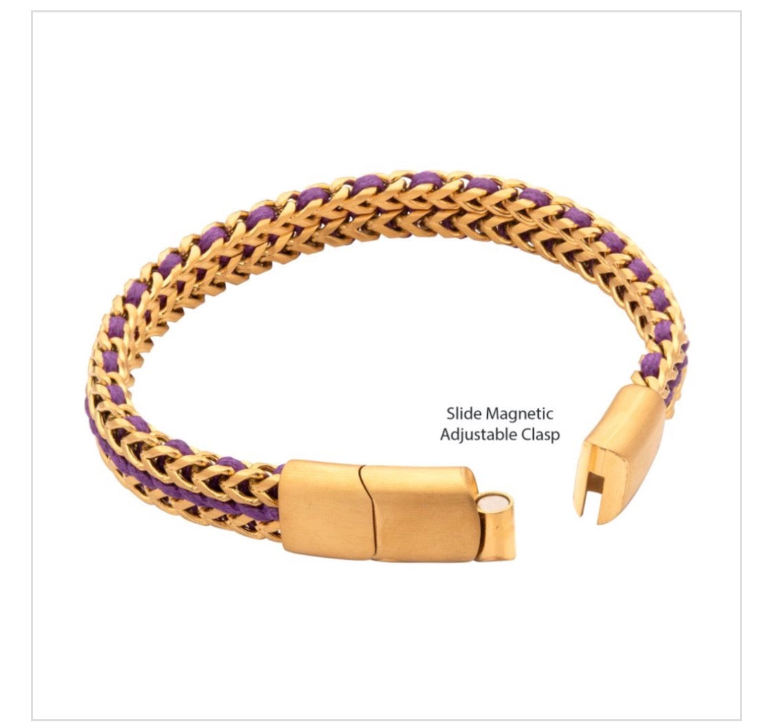 Gold IP Stainless Steel Foxtail Chain Purple Cord Bracelet
