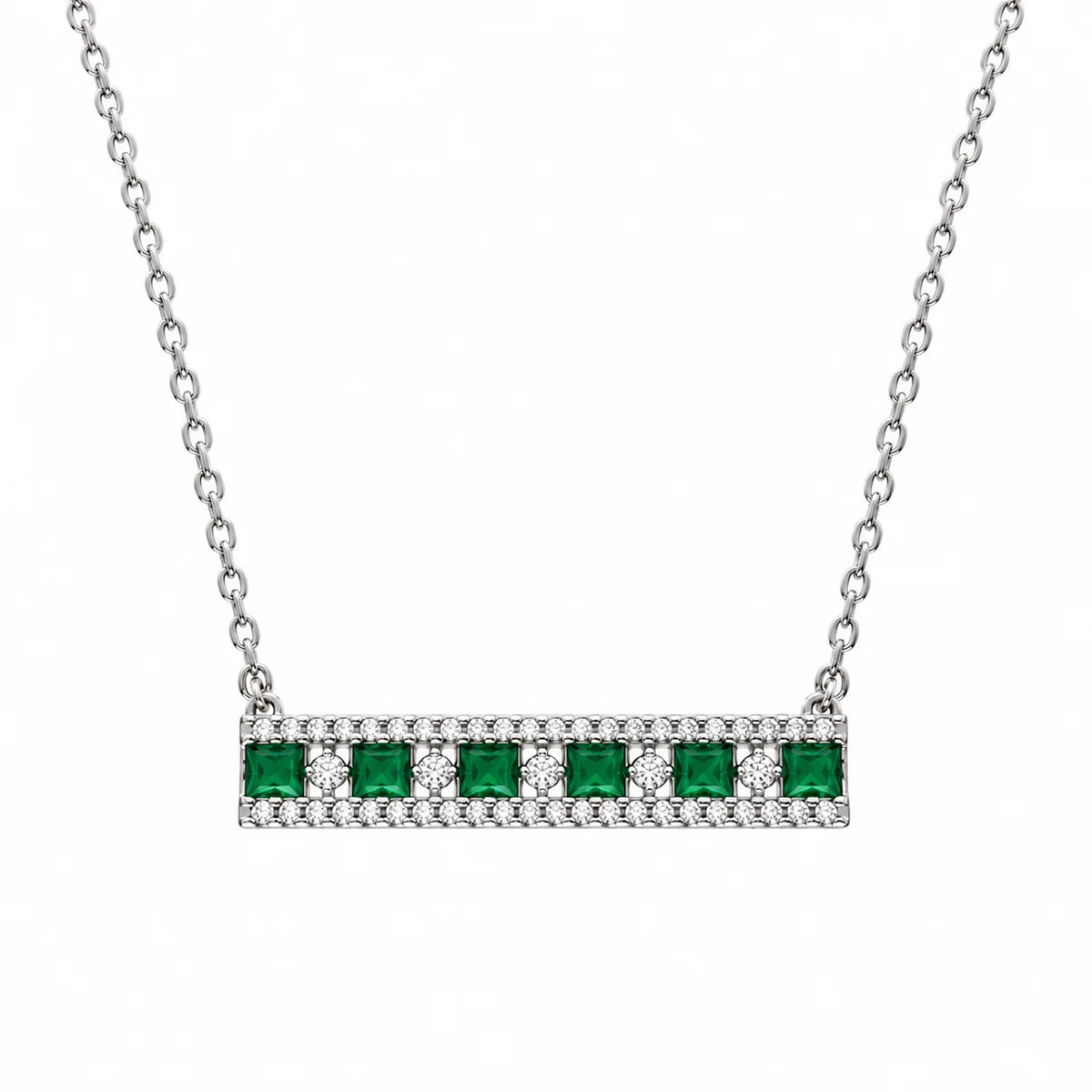 Horizontal bar pendant necklace with green and clear cubic zirconia stones in 925 sterling silver by Trendzio Jewelry
