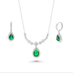Teardrop emerald-green CZ statement hoop earring and necklace set in rhodium-plated sterling silver by Trendzio Jewelry