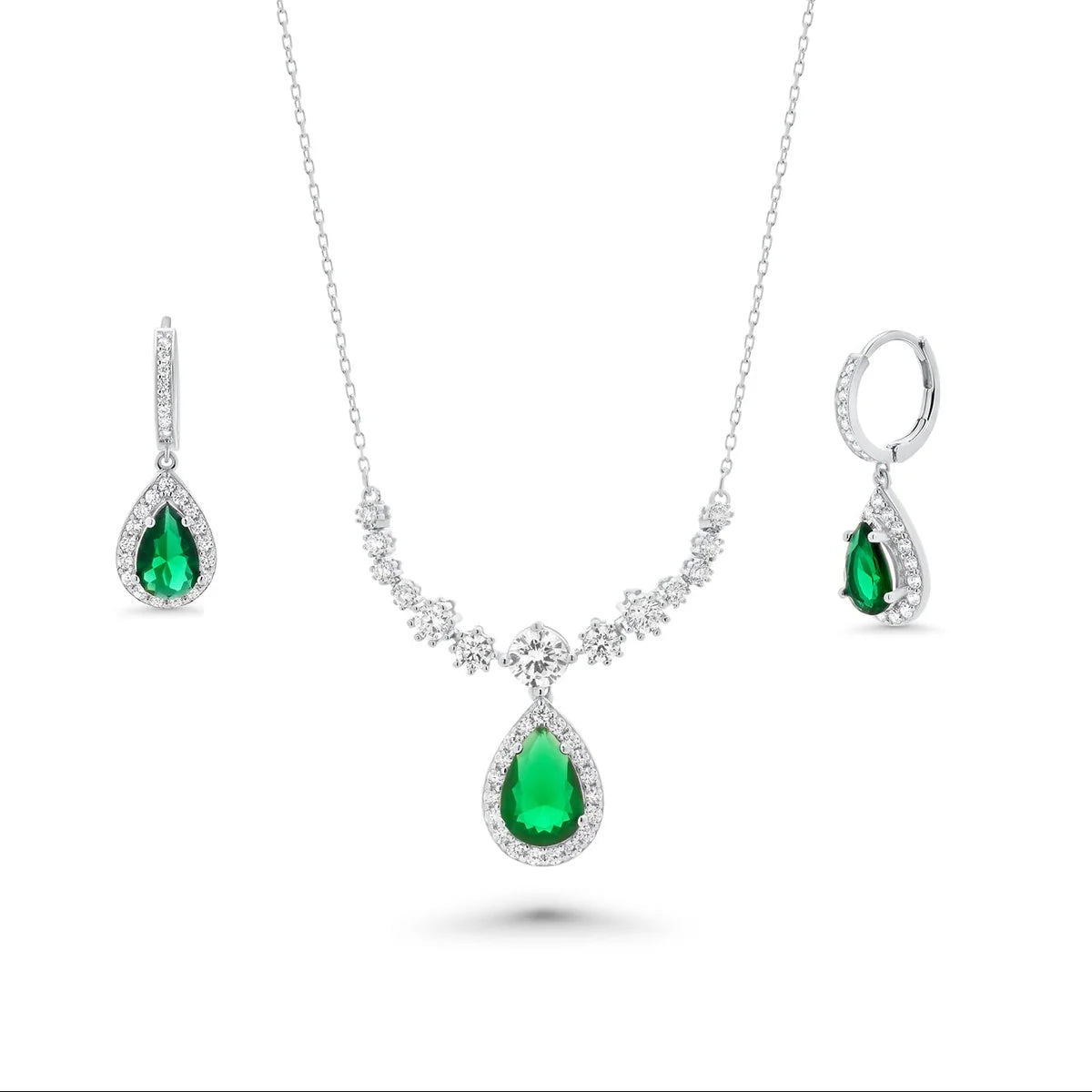 Teardrop emerald-green CZ statement hoop earring and necklace set in rhodium-plated sterling silver by Trendzio Jewelry