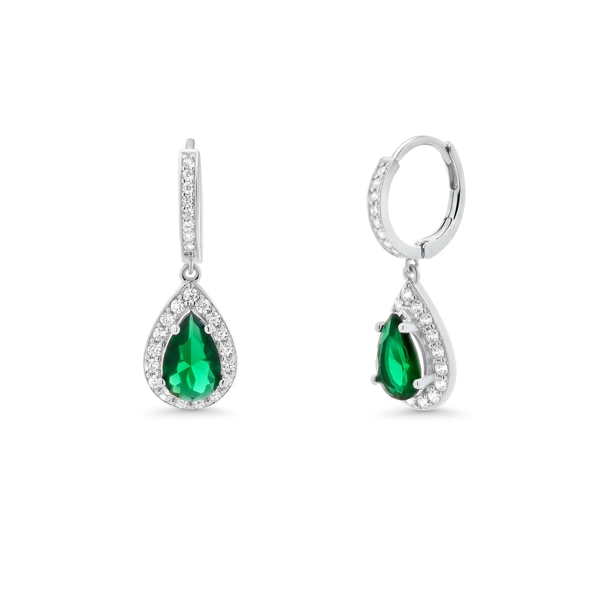 Teardrop emerald CZ hoop earrings and pendant necklace set in 925 sterling silver, alternate view