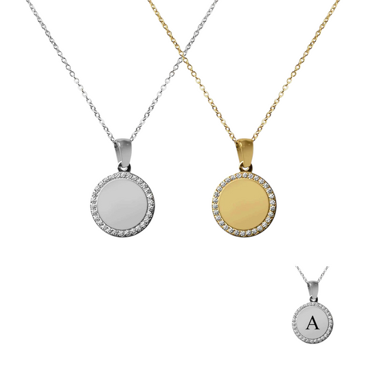 Celina Engraved Circle CZ Pendant Necklace