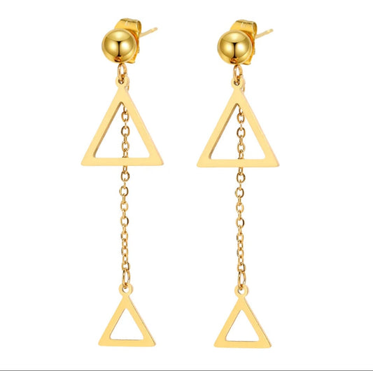 Elegant gold-tone Triangle Drop Earrings featuring a dangling design with a solid triangle attached to a chain leading to an open triangle, crafted from premium 316 stainless steel for Delta Sigma Theta sorority members.