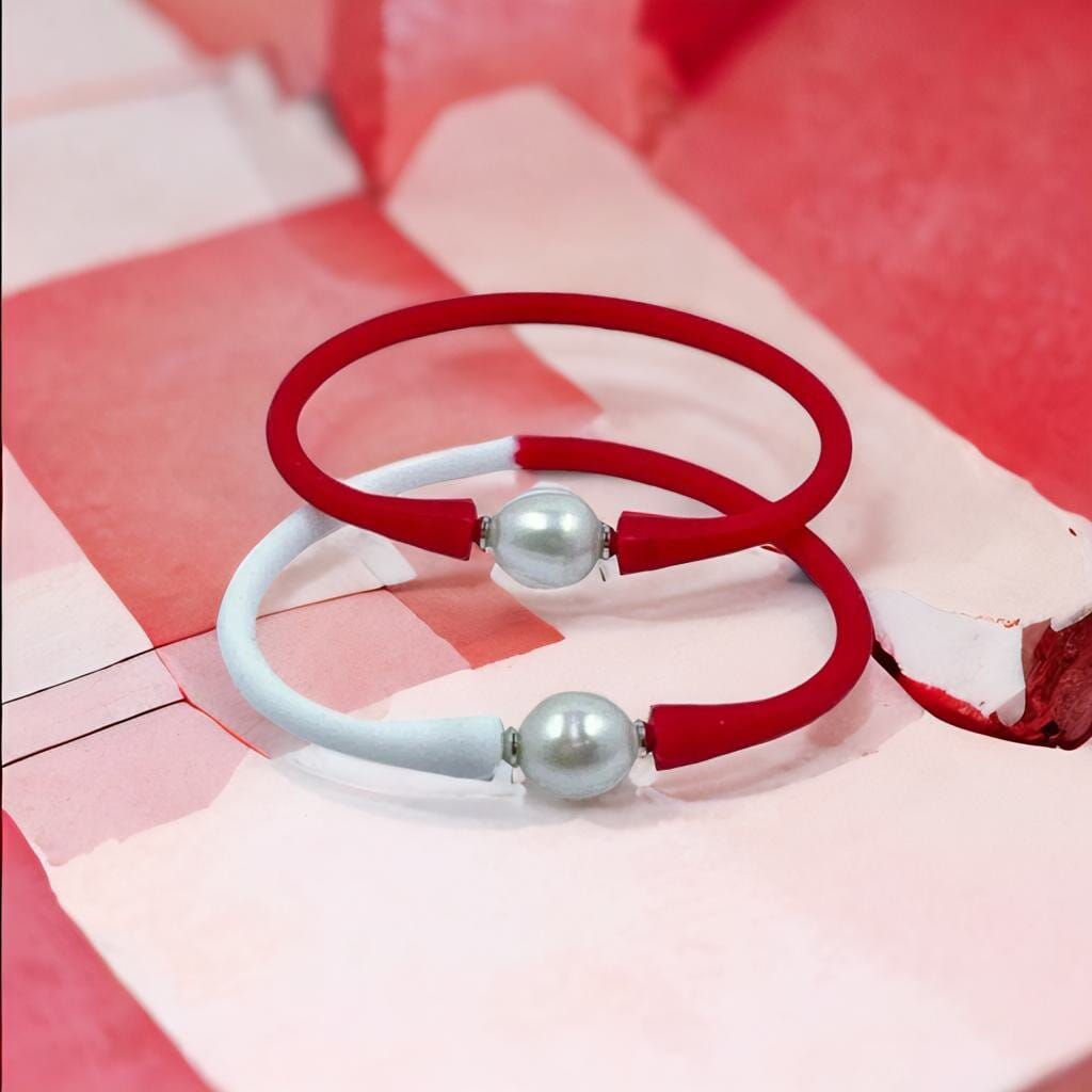 11mm Cultured White Pearl and Red Silicone Bracelet Bracelets TRENDZIO 