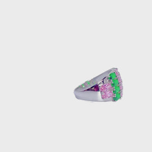 Green Emerald and Pink Sapphire Cluster Baguette Ring