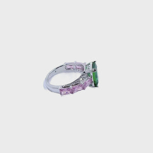 Green Emerald Cut and Pink Sapphire Victorian Ring