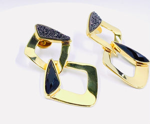 Amila Black Obsidian Druse Gold Earrings