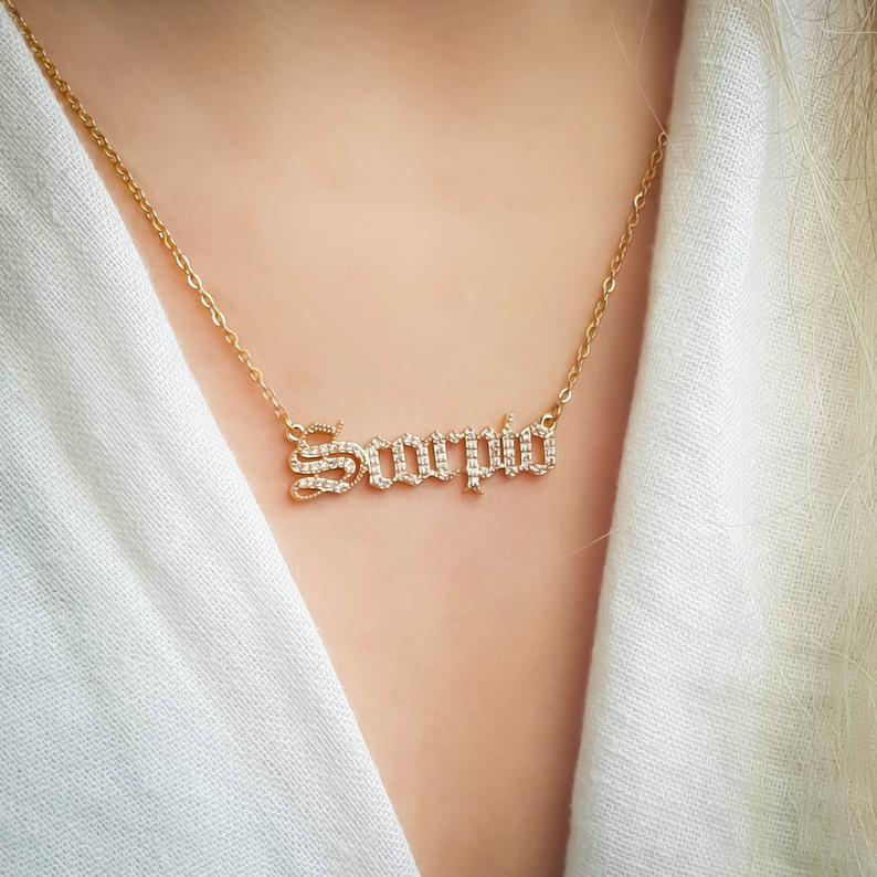 Old English Zodiac CZ Gold Necklace necklace TRENDZIO 