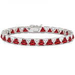 Red and White Trillion Bracelet with alternating trillion cut red ruby and cubic zirconia in 925 sterling silver plated with rhodium.