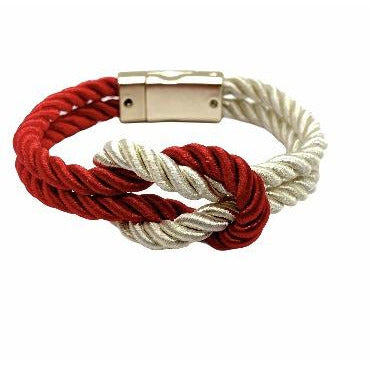 Red and white braided satin rope bracelet with magnetic clasp from the Original Love Knot collection, showcasing vibrant team or country pride colors.